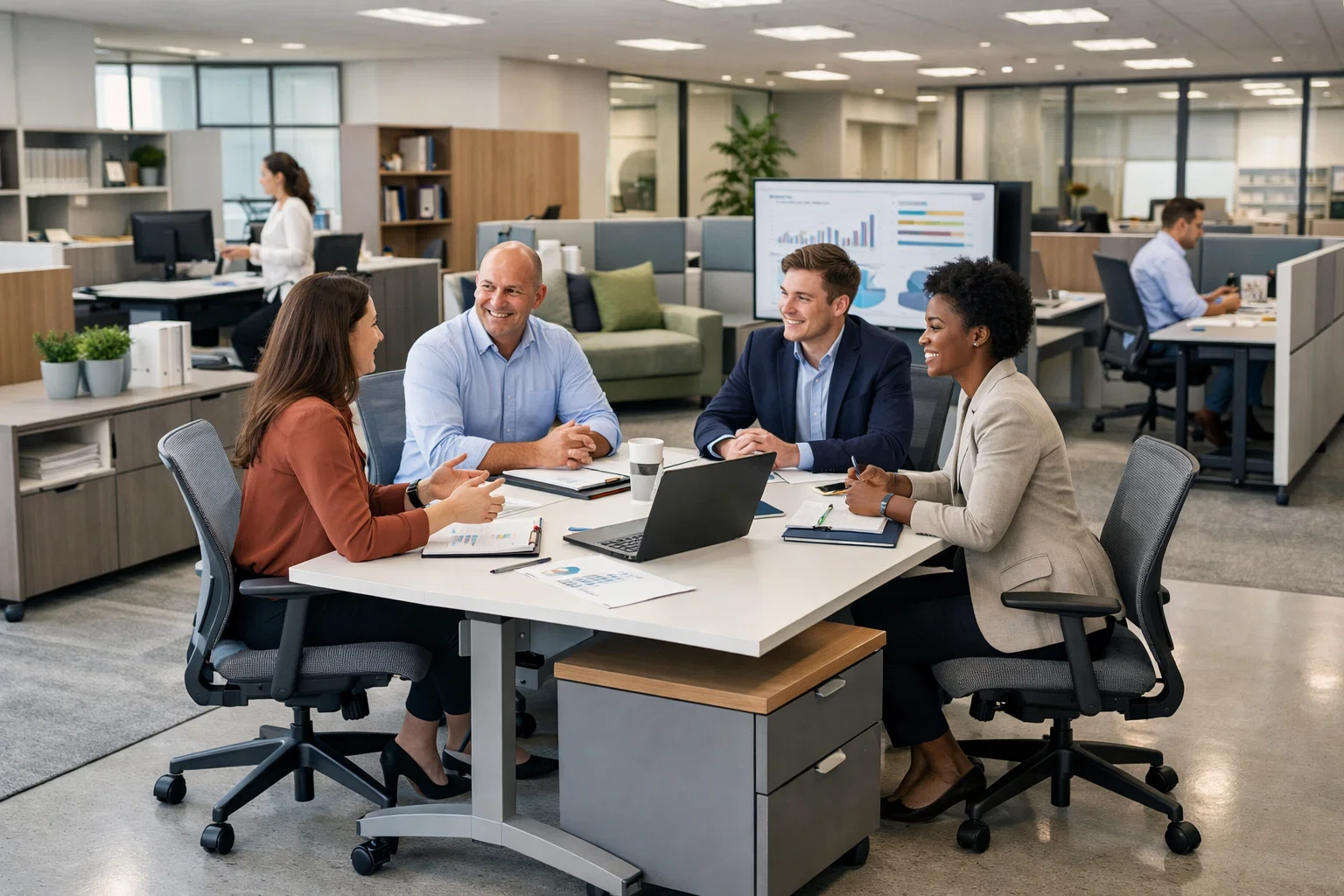 Equipe reunida em mesa de trabalho colaborativo em escritório corporativo