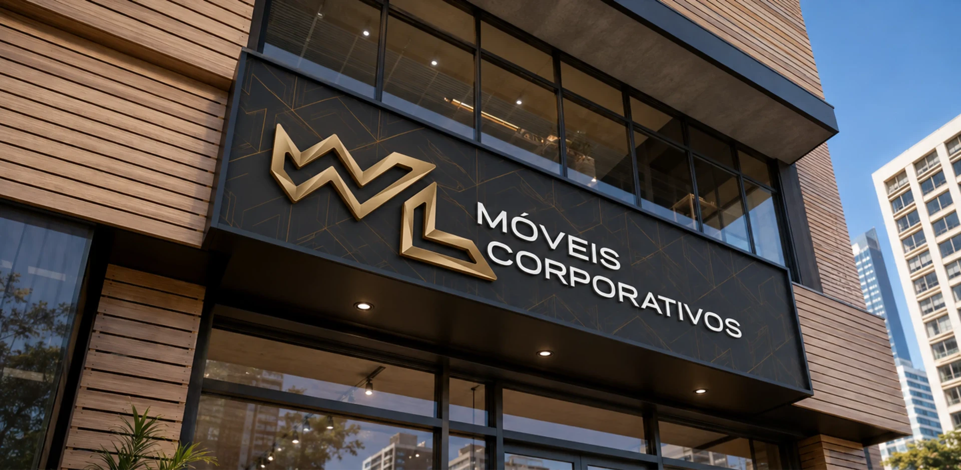 Fachada da loja WL Móveis Corporativos, com logotipo em destaque na marquise