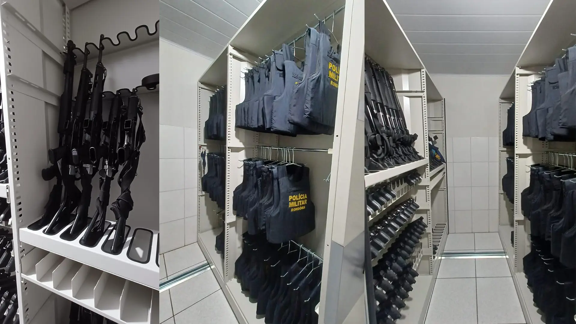 Arquivo deslizante Hoploteca organizando fuzis, coletes e equipamentos da Polícia Militar