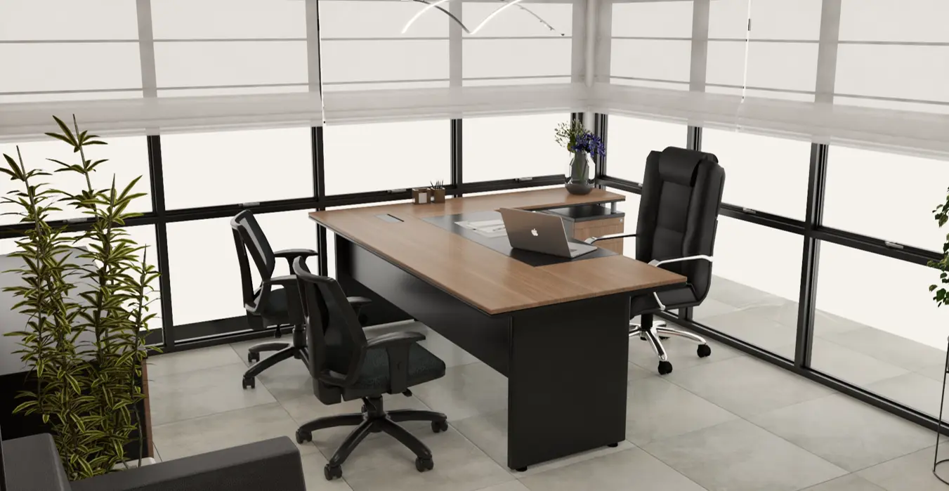 Escritório com mesa em L e cadeiras giratórias em tela, Linha Nordic