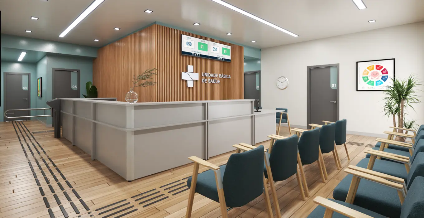 Área de recepção com poltronas estofadas em azul-petróleo, Linha Jolie Lounge