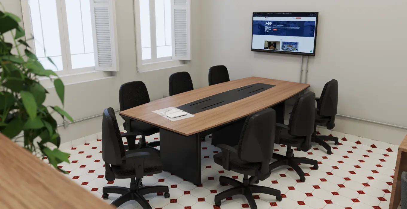 Sala de reunião compacta com cadeiras giratórias em tela e piso ladrilhado
