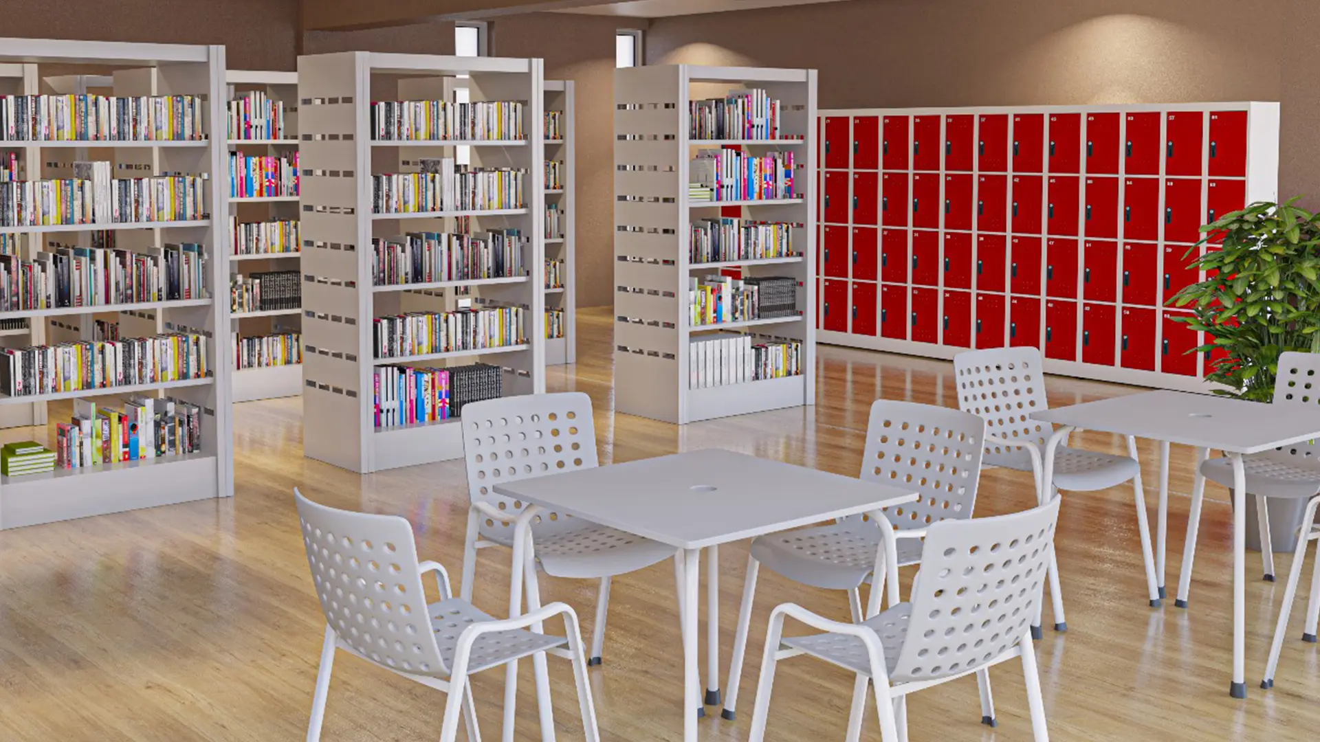 Área de leitura com mesas redondas, cadeiras vazadas e guarda-volumes vermelhos ao fundo