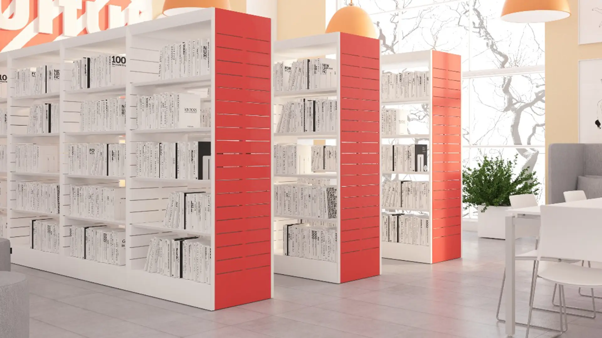 Estantes de biblioteca com painéis em vermelho e livros organizados, ambiente amplo