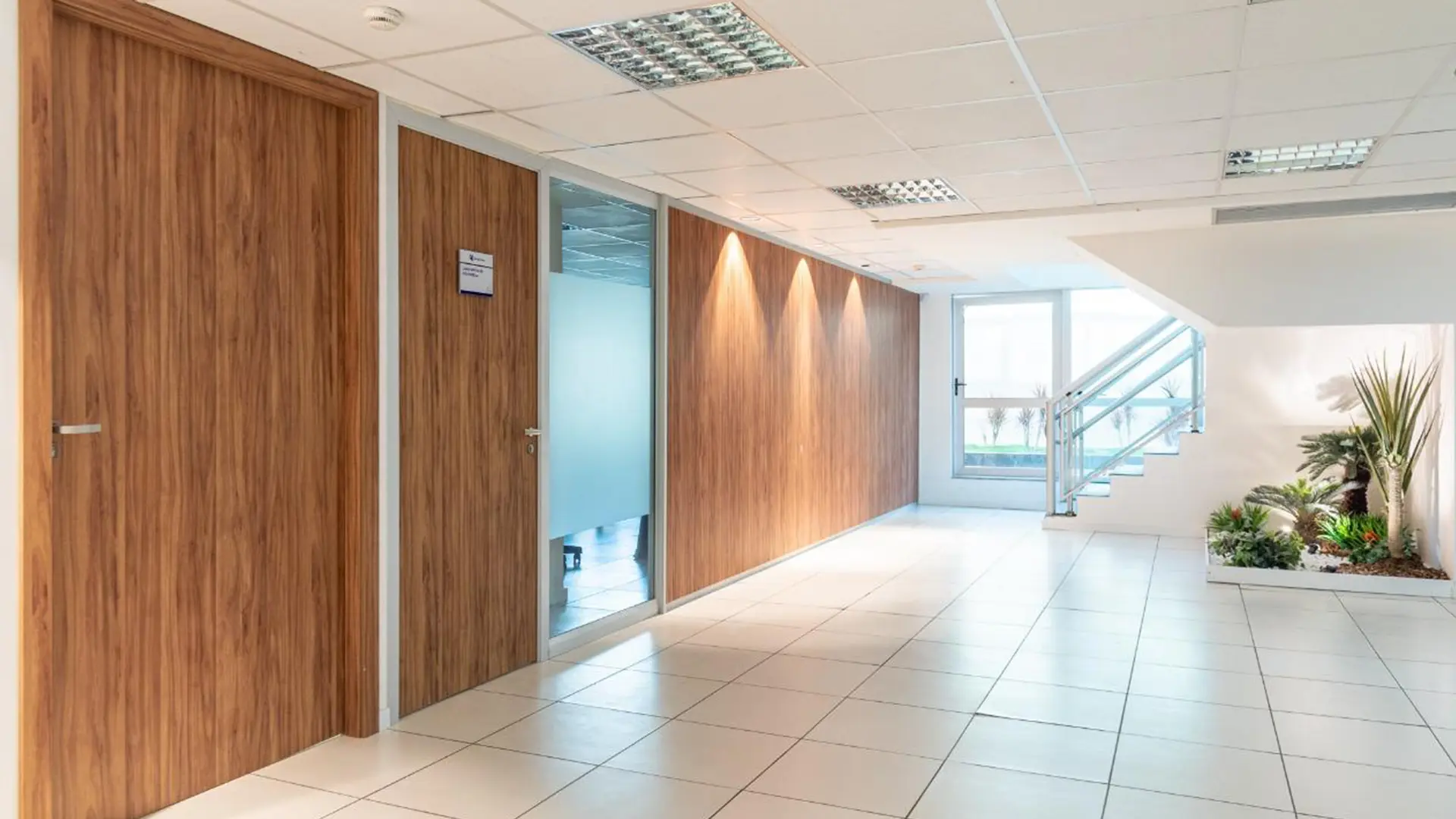 Corredor com portas e lambris de madeira, acabamento de alto padrão