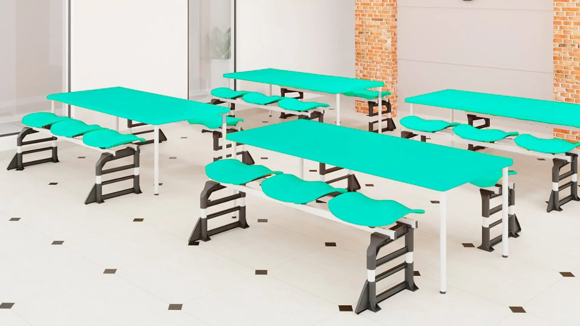 Conjunto refeitório com bancos estofados em verde-água conjugados à mesa