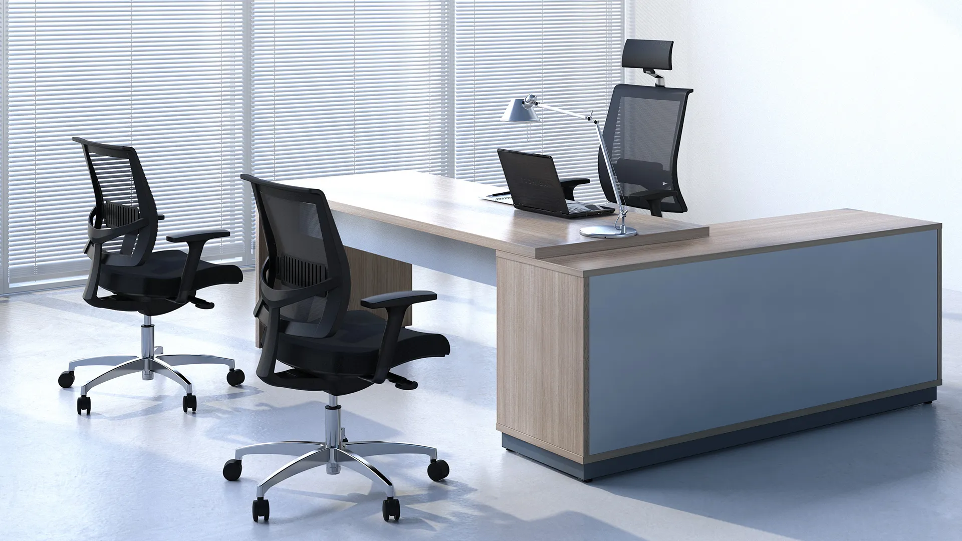 Mesa em L com painel frontal em cinza-azulado, Linha Ayres