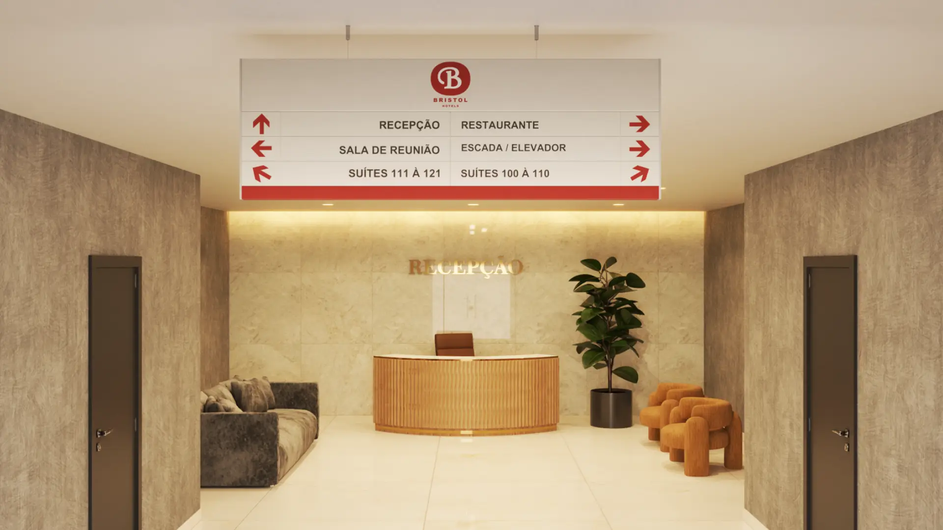 Placa suspensa de sinalização sobre a recepção de hotel, indicando restaurante, elevadores e suítes