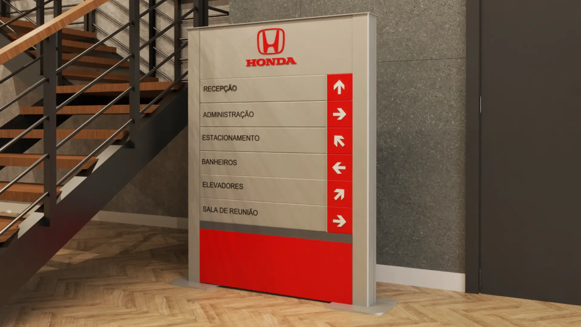 Totem interno de sinalização junto a escada, com indicação de recepção, administração e salas