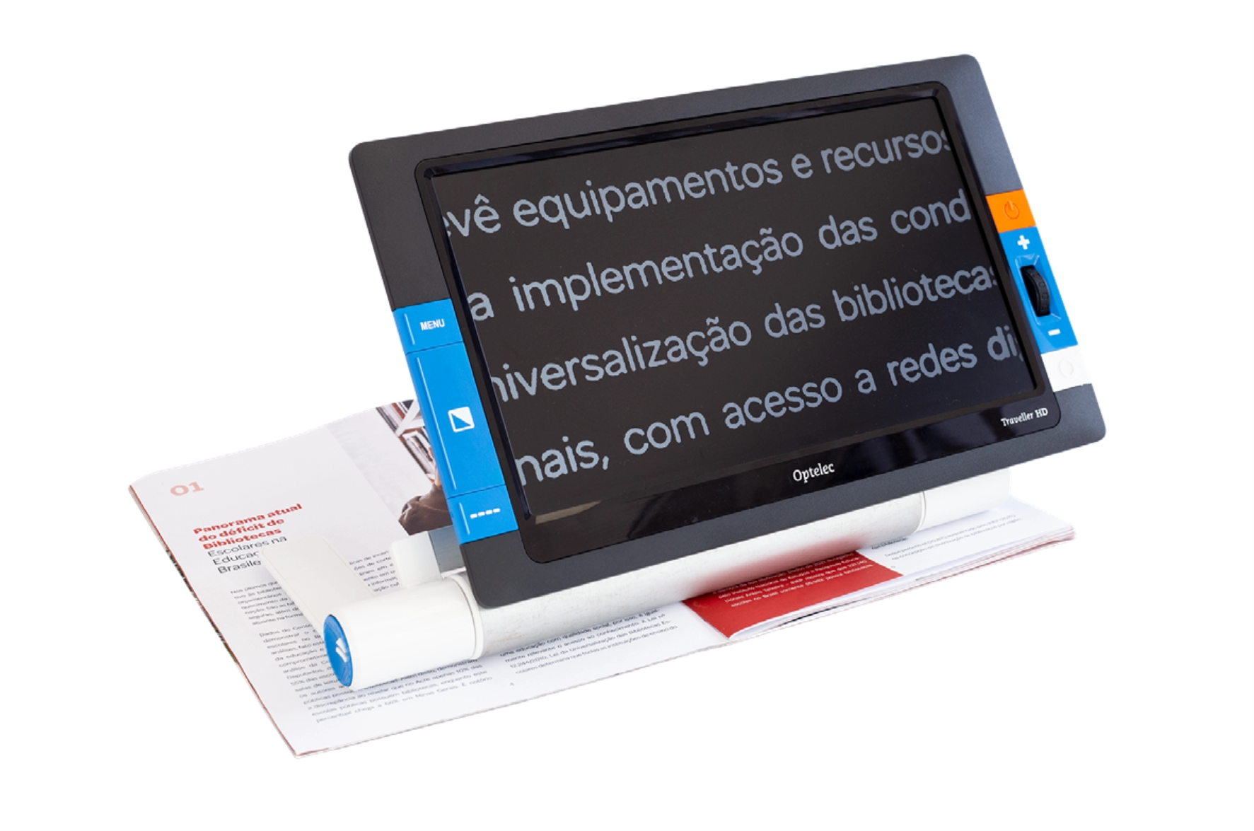 Ampliador de mesa portátil Optelec Traveller HD com tela sobre livro aberto