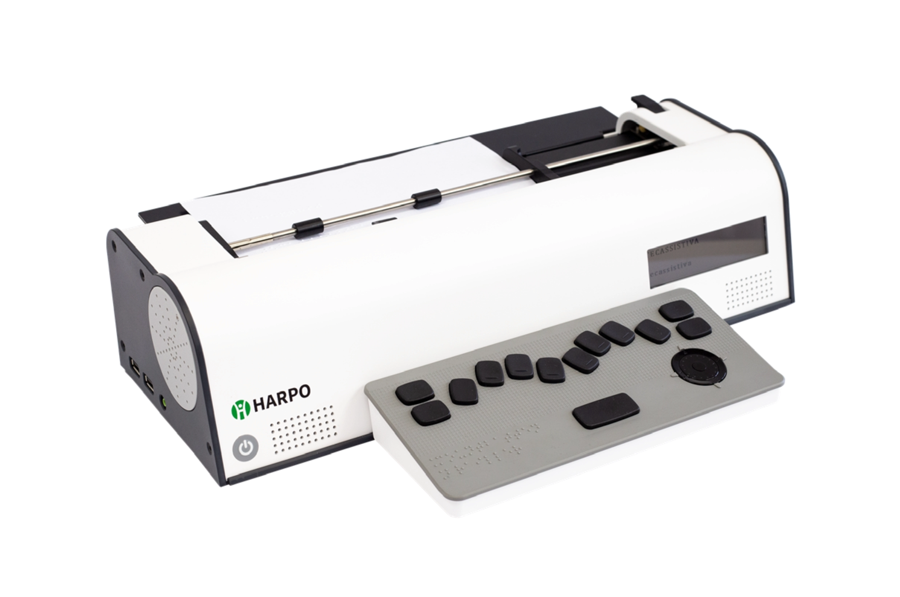 Máquina de escrever eletrônica HARPO com teclado Perkins e display braile