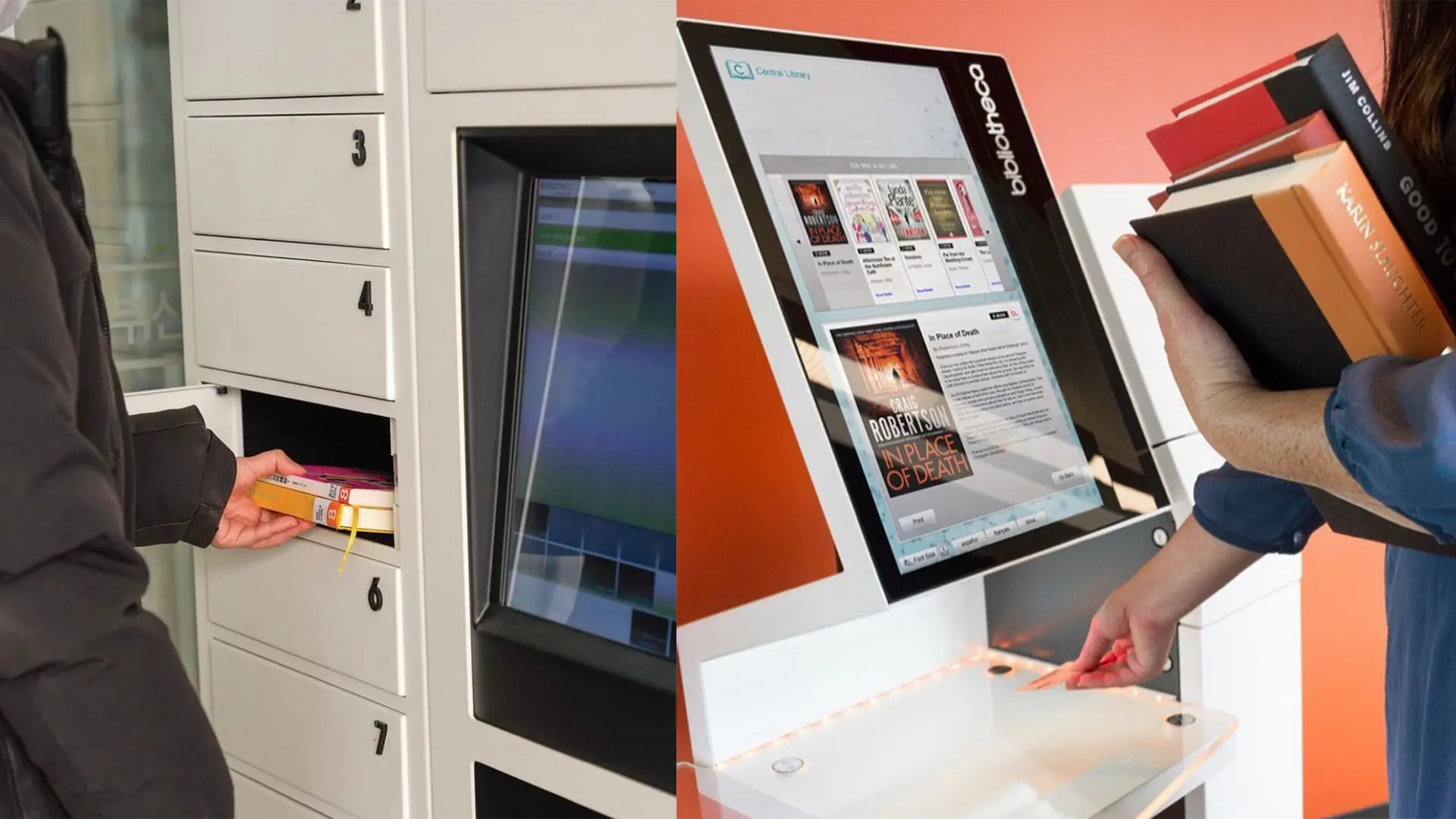 Armário inteligente de devolução e tela de catálogo digital com capas de livros